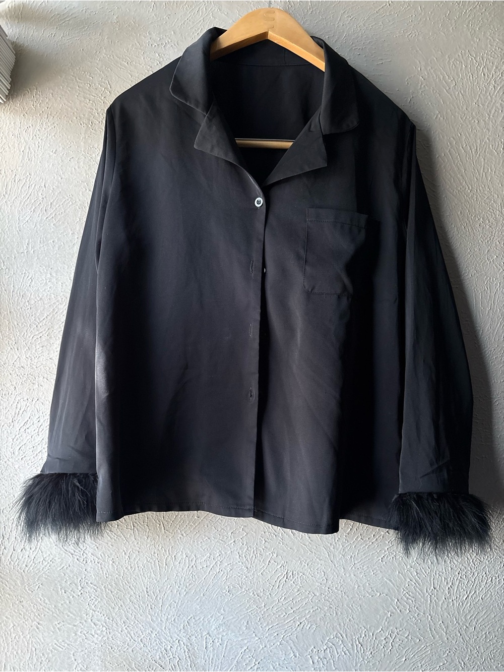 Black Button-Front Women's Top with Faux-Fur Cuffs